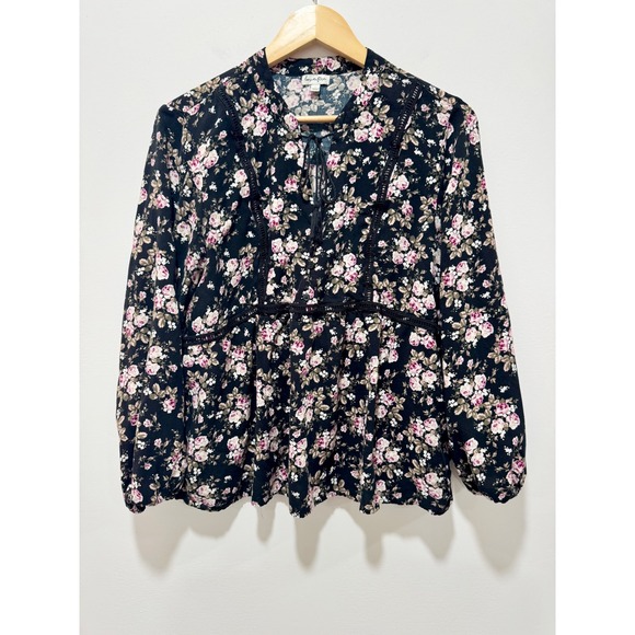 Love Fire Tops - Love Fire Black Floral Lace Trim Tie Neck Blouse XL Pink Rose Long Sleeve Top